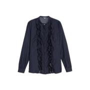 Ruffle Denim Blouse met Opstaande Kraag SoSUE , Blue , Dames