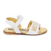 Lage Leren Sandaal met Logo Lettering en Strass Moschino , White , Dam...