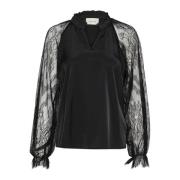 Kanten blouse met lange mouwen Cream , Black , Dames