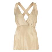 Zijden Gedrapeerde Top met Gekruiste Bandjes Khaite , Beige , Dames