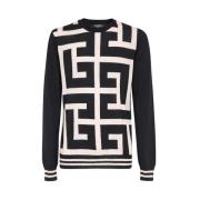 Jacquard Merino Wool Crew-Neck Sweater Balmain , Black , Heren