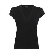 Geribbeld V-Hals T-Shirt Dondup , Black , Dames