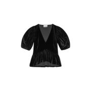 Zwarte Velvet V-Hals Blouse Ganni , Black , Dames