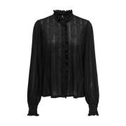 Ruffle Placket Lange Mouw Top Only , Black , Dames