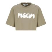 Groene Katoenen T-shirt met Logo Msgm , Green , Dames