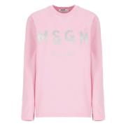 Roze Glitter Logo Crew Neck T-shirt Msgm , Pink , Dames