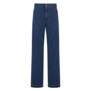 Katoen-linnen broek met leren details See by Chloé , Blue , Dames