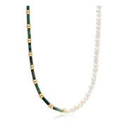 Beaded Necklace with Freshwater Pearls and Green Jade Nialaya , Yellow...