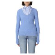 V-Hals Trui met Vlechtdetail Polo Ralph Lauren , Blue , Dames