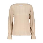 Ajour Top Lange Mouw Red Button , Beige , Dames