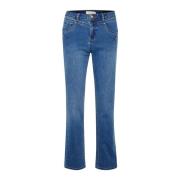 Straight Leg Jeans - Mid Blue Denim Cream , Blue , Dames