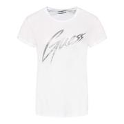 Glitter Logo Print T-Shirt Guess , White , Dames