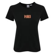 Zwarte katoenen T-shirt met logo borduurwerk Pinko , Black , Dames