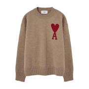 Beige Jersey Sweater met Rood Logo Ami Paris , Brown , Heren