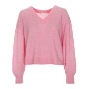 Fluffy V-Neck Knit Sweater American Vintage , Pink , Dames