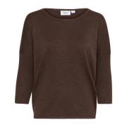 Donker Eiken Melange R-Neck Pullover Trui Saint Tropez , Brown , Dames