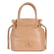 Leren Bucket Tas met Trekkoordsluiting La Carrie , Beige , Dames