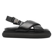 Zwarte Leren Kruisband Sandalen Moncler , Black , Dames