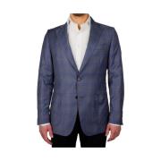 Blauwe Wollen Blazer met Ruitpatroon Made in Italia , Blue , Heren