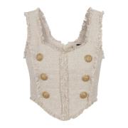 Gefranjerde Linnen Crop Top Balmain , Beige , Dames