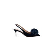 Blauwe Velvet Slingback Pumps met Pom-Pom Aquazzura , Blue , Dames