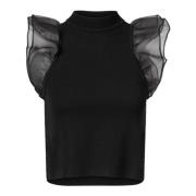 Ruffle Sleeve Ribbed Top Karl Lagerfeld , Black , Dames