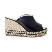 Zwarte Leren Peep Toe Schoenen Espadrilles , Black , Dames