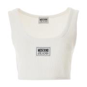 Geribbelde Crop Top met Logo Patch Moschino , White , Dames