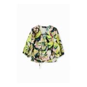 Groene Bedrukte V-hals Blouse met Kant Desigual , Multicolor , Dames