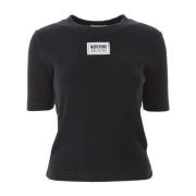 Zwart Logo Patch Katoenen T-shirt Moschino , Black , Dames