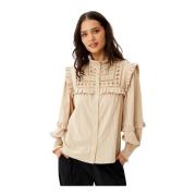 Elegante Fine Shirt met Geborduurde Details IN Front , Beige , Dames