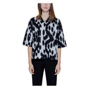 Zwart Linnen Print V-Hals Shirt Street One , Black , Dames