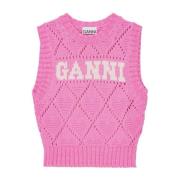 Gebreide Geperforeerde Logo Mouwloze Jas Ganni , Pink , Dames