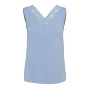 Vrouwelijke V-hals Kant Top Regen Gewassen Cream , Blue , Dames