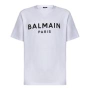 Wit Logo Print Katoenen T-shirt Balmain , White , Heren