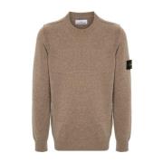 Beige Wol Crewneck Sweater Geribbeld Stone Island , Beige , Heren