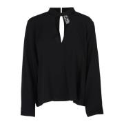 Crepe Blouse met V-hals en knoop 8PM , Black , Dames