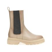 Beige Leren Enkellaars met Elastische Inzetstukken Santoni , Beige , D...