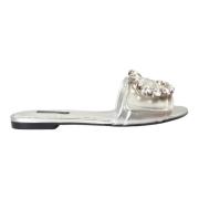 Zilveren Kristal Leren Platte Sandalen Dolce & Gabbana , Gray , Dames