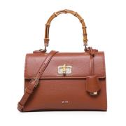 Bruin leren handtas met bamboe handvat V73 , Brown , Dames