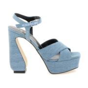 Denim Sandalen met Gekruiste Banden en Satijnbeklede Hak Sergio Rossi ...