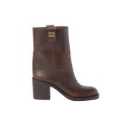 Leren enkellaarzen met logo Miu Miu , Brown , Dames