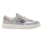 Lage Glitter Sneakers met Zilver Glitter en Beige Suède Ghoud , White ...