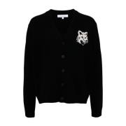 Fox Head Wool Cardigan Sweaters Black Maison Kitsuné , Black , Heren