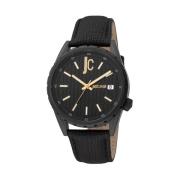 Zwarte heren lederen analoge horloge Just Cavalli , Black , Heren