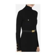 Zwarte Geribbelde Midi Jurk met Hoge Hals Elisabetta Franchi , Black ,...