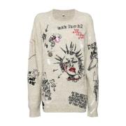 Geborduurde Boyfriend Sweater met Haver Borduursel R13 , Beige , Dames