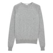 Grijze Cashmere Crewneck Sweater met Cassandre Borduurwerk Saint Laure...