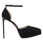 Dames Zwarte Velours Plateau Pumps met Enkelband Estro , Black , Dames