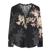 Feminine V-hals Blouse met Smock Manchetten Gustav , Black , Dames